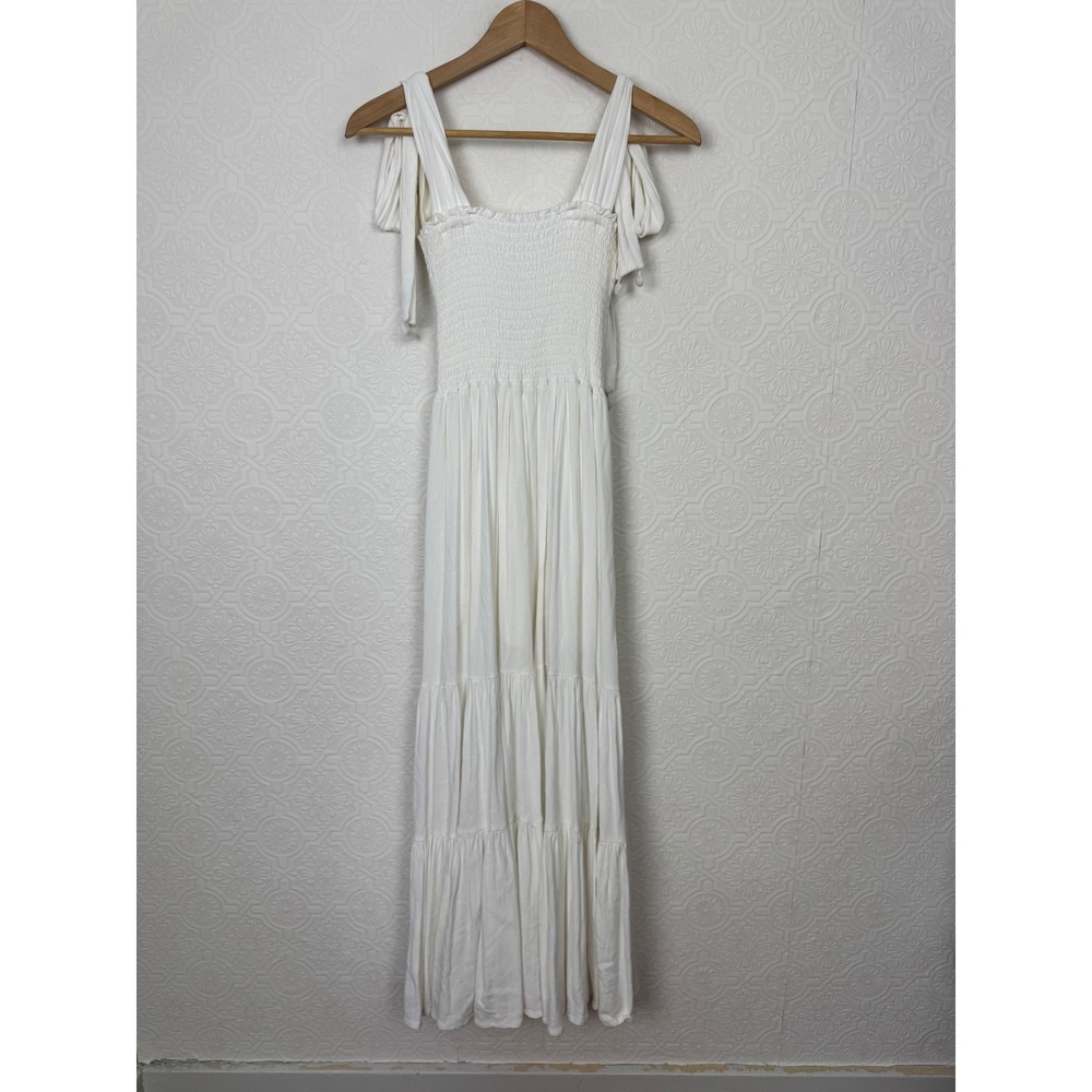 Capittana White Smocked Tiered Maxi Dress XS/S Revolve Boho Tie Shoulder Boho